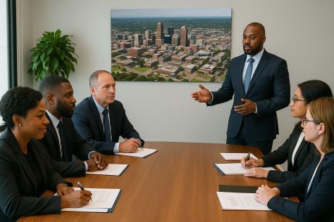 A man in a suit is standing, presenting to five seated colleagues in a conference room. A cityscape photo hangs on the wall, creating a formal tone.
