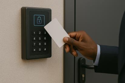 A person holds a key card near a security keypad with a locked padlock icon. The setting is professional, suggesting secure access to a restricted area.