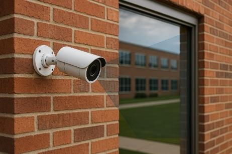 Security camera mounted on a red brick wall, overlooking a courtyard. A building with large windows reflected in an adjacent glass window.