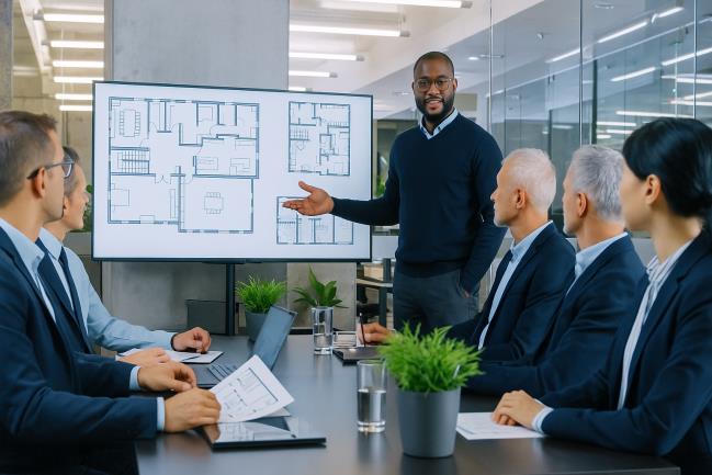 A man presents architectural plans on a screen to a group of five people in a modern conference room. The group looks engaged and attentive.