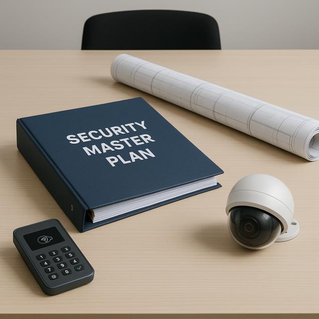 Office table with a "Security Master Plan" binder, security camera, keypad, and rolled blueprints, conveying a sense of organization and preparedness.