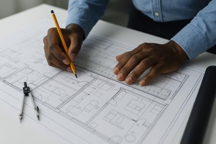 A person in a blue shirt uses a pencil and ruler on architectural blueprints. A compass lies nearby, conveying focus and precision in design work.