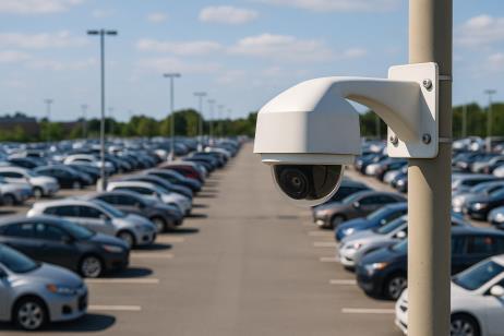 Surveillance camera overlooking a large, filled parking lot on a sunny day. Rows of parked cars stretch into the distance, conveying security and vigilance.
