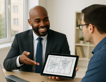 A smiling man in a suit shows floor plans on a tablet to a seated person in glasses and a blue shirt, suggesting a positive business meeting.